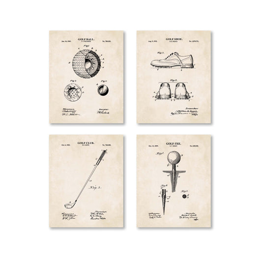 Set of four vintage-style golf poster prints on a white background