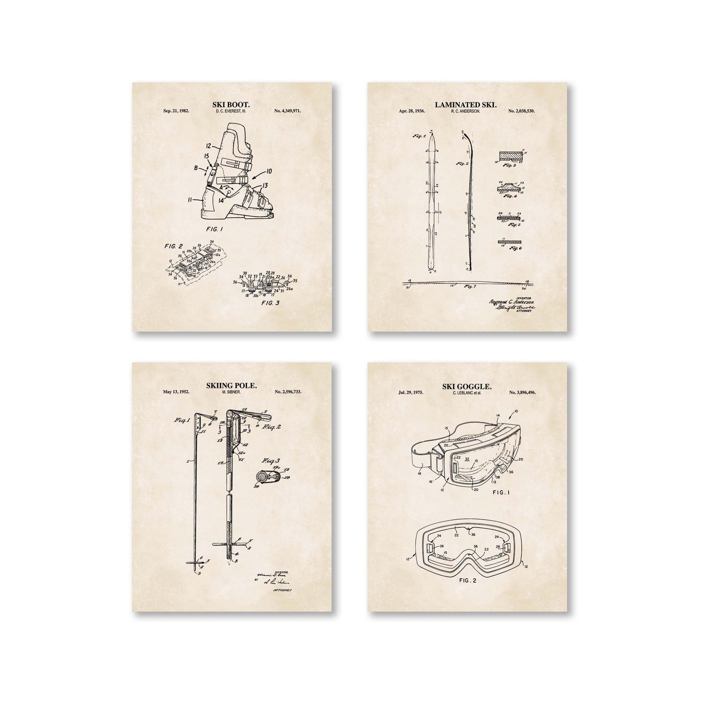 Skiing Patent Wall Art Set - Boot, Ski, Pole and Goggle - Ready to Frame Prints