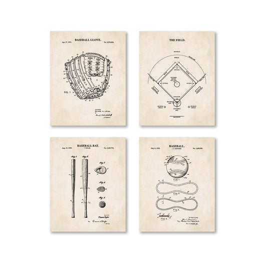 Baseball Patent Print Wall Art - Set of 4 Ready to Frame Prints
