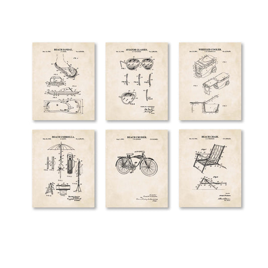 Set of six vintage-style patent posters featuring beach-themed inventions on a white background.
