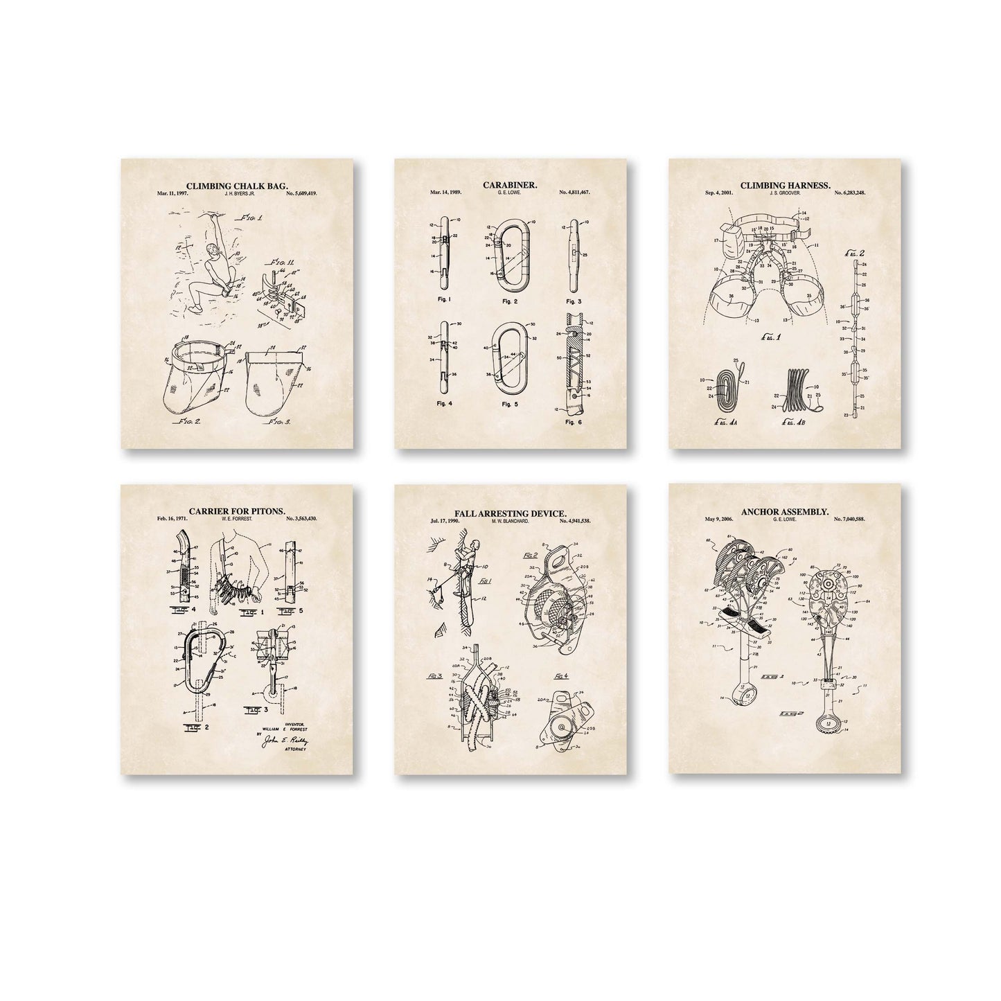 Rock Climbing Patent Print Wall Art - Set of 6 Physical Prints