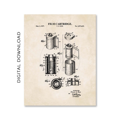 Digital Vintage Film Camera & Film Canister Patent Art Print Set – Photography Wall Decor (Printable Files)