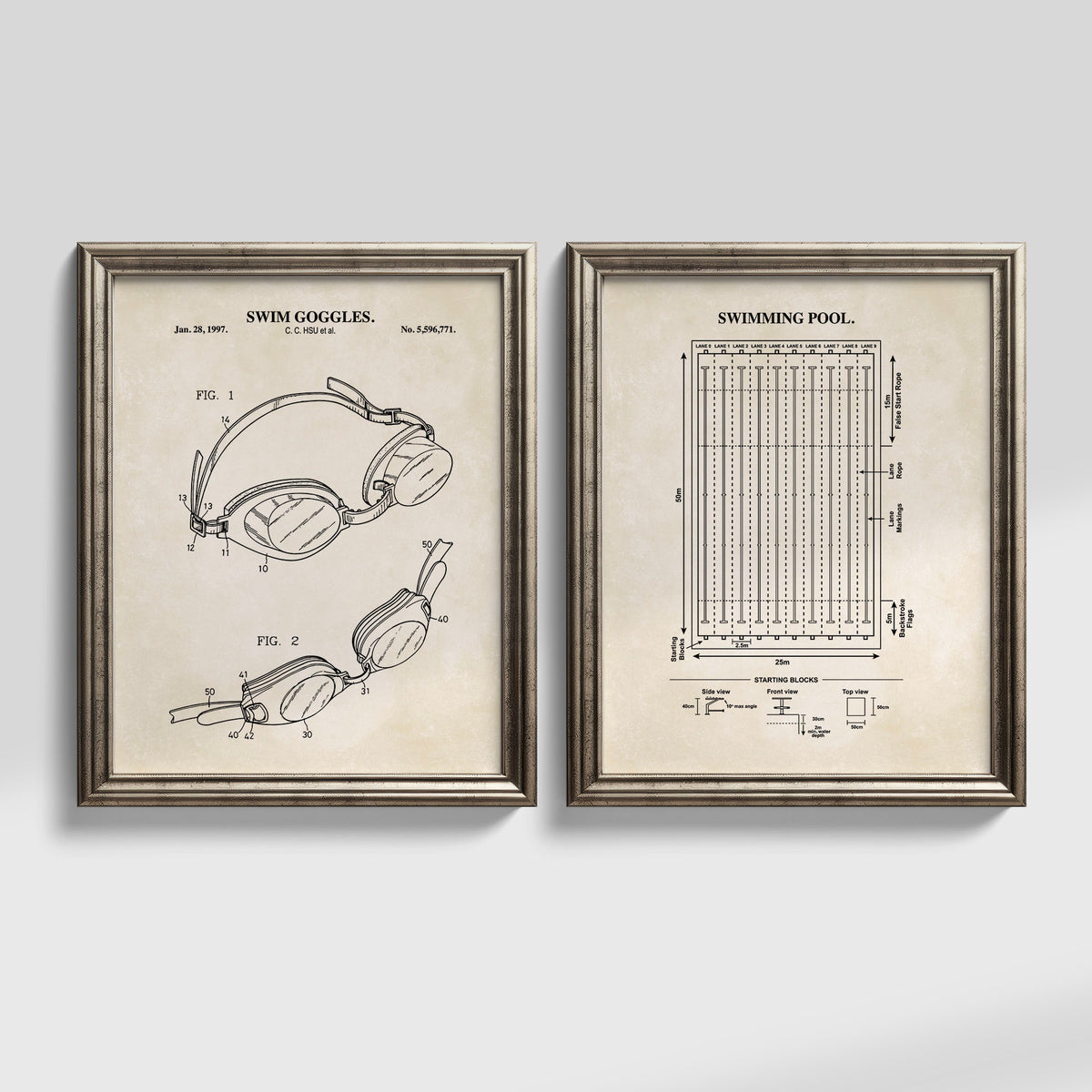 Set of two vintage swimming wall art prints featuring a swim goggles patent illustration and competitive swimming pool diagram.