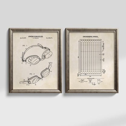 Set of two vintage swimming wall art prints featuring a swim goggles patent illustration and competitive swimming pool diagram.