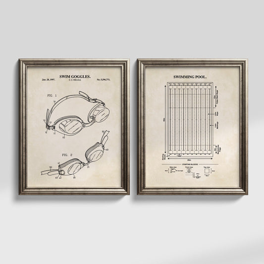 Set of two vintage swimming wall art prints featuring a swim goggles patent illustration and competitive swimming pool diagram.