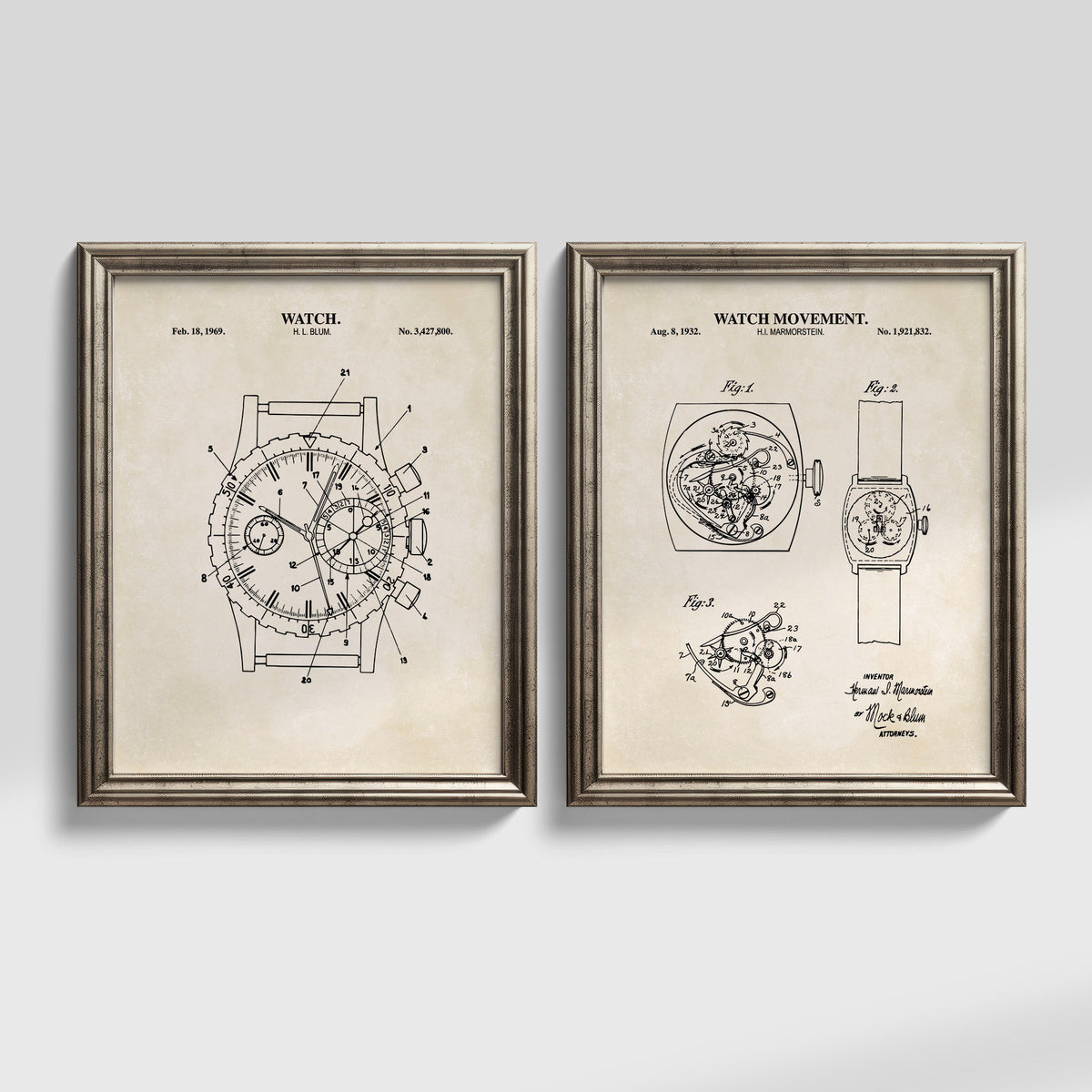 Set of two vintage mechanical watch patent wall art prints displayed in frames