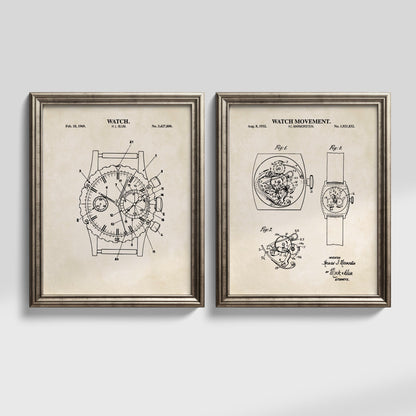 Set of two vintage mechanical watch patent wall art prints displayed in frames