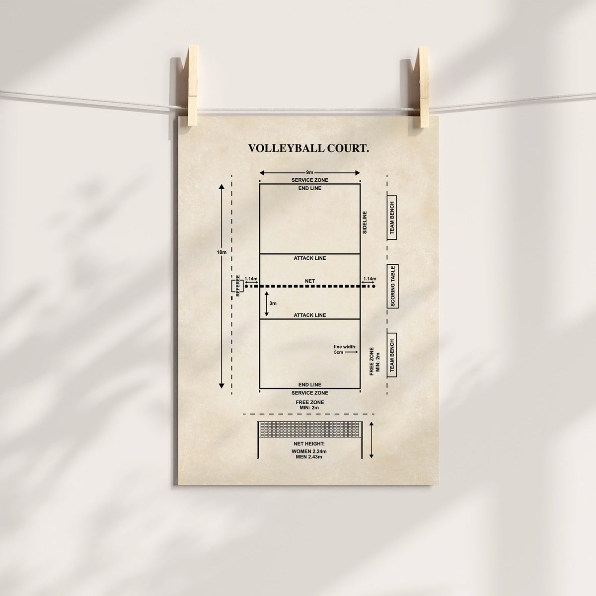 Vintage volleyball court diagram art print displayed unframed with wooden clips.