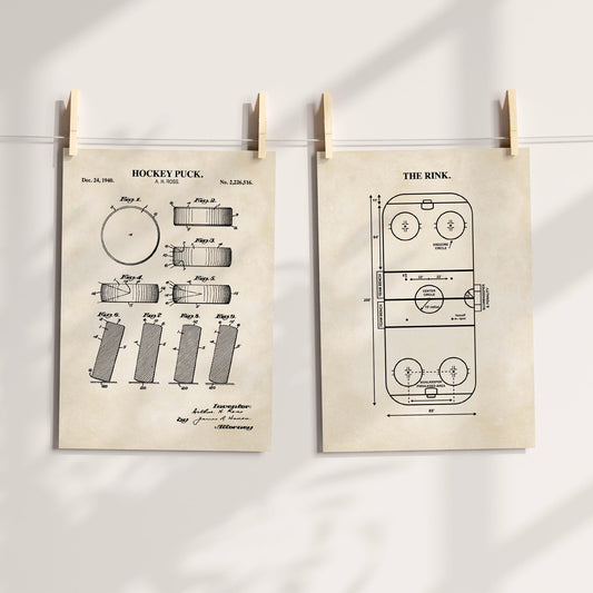 Hockey Wall Art Set - Puck Patent & Rink Diagram - Ready to Frame Prints