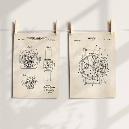 Two vintage watch patent prints on antique-style cream backgrounds
