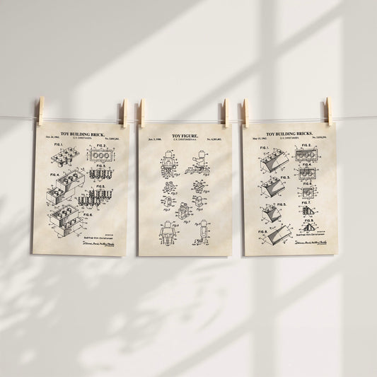 Toy Brick Patent Wall Art - Set of 3 Ready to Frame Prints