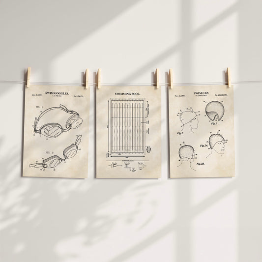 Swimming Patent Wall Art Set - Set of 3 Ready to Frame Prints