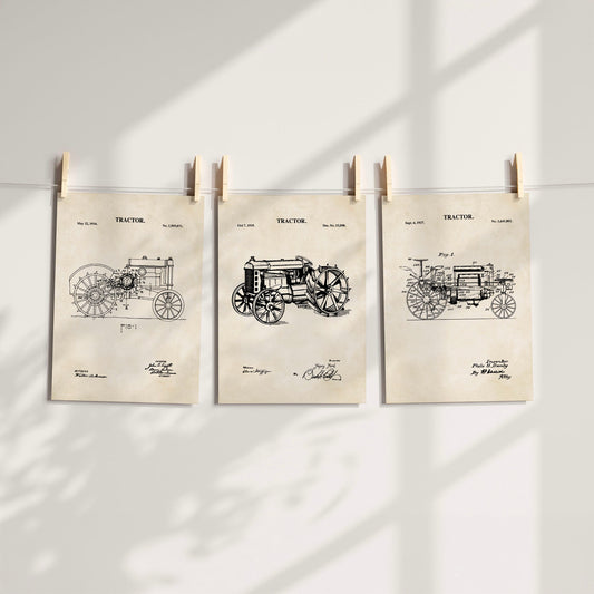 Antique Tractor Patent Print Wall Art - Set of 3 Ready to Frame Prints