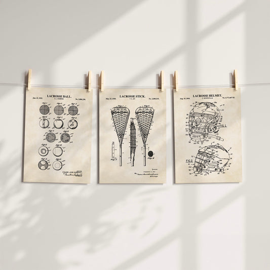 Men's Lacrosse Patent Wall Art Set - Ball, Stick and Helmet - Ready to Frame Prints