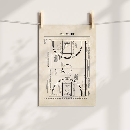 A vintage-style basketball court diagram poster clipped to a string with wooden clothespins against a white wall with soft shadow overlays.