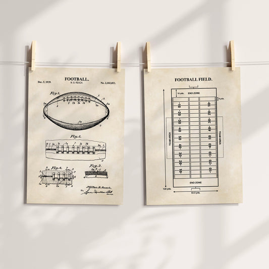 Two vintage-style football-themed wall art prints clipped to a string against a white wall, with soft shadow overlays. The left print shows a football diagram labeled 'FOOTBALL', and the right print shows a football field diagram labeled 'FOOTBALL FIELD'.