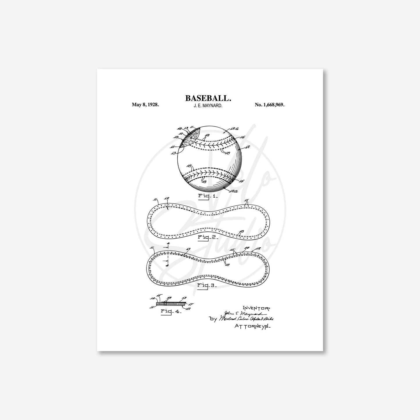 Baseball patent illustration on a white background