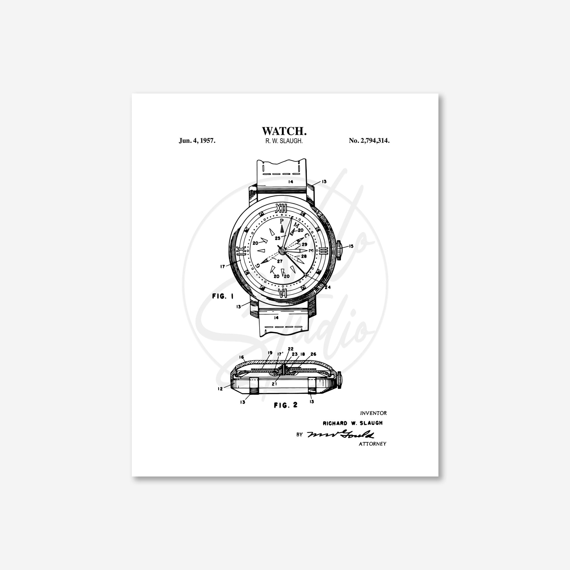 Watch patent illustration on a white background