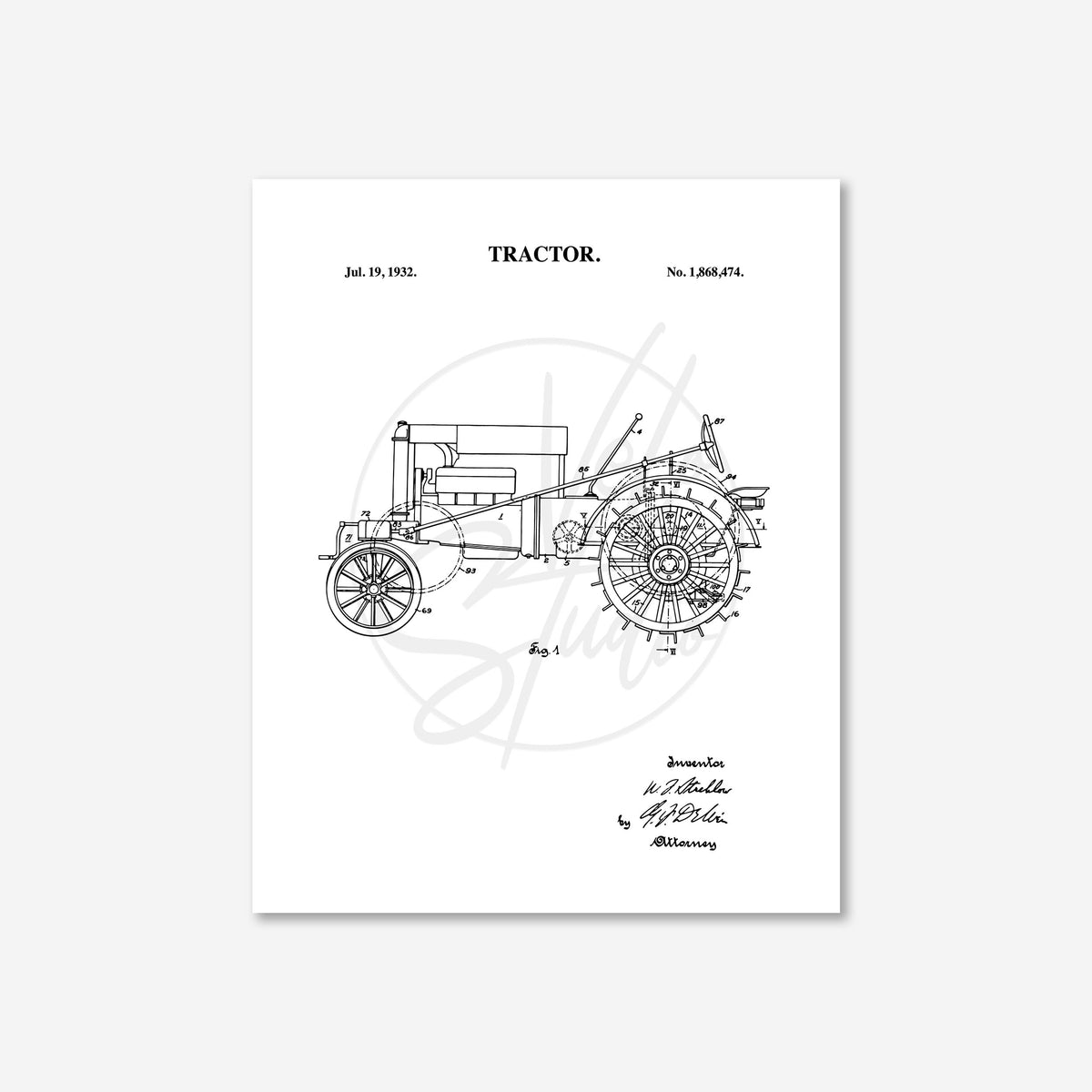Tractor Wall Art - 1932 Tractor Patent Art - Ready to Frame Print