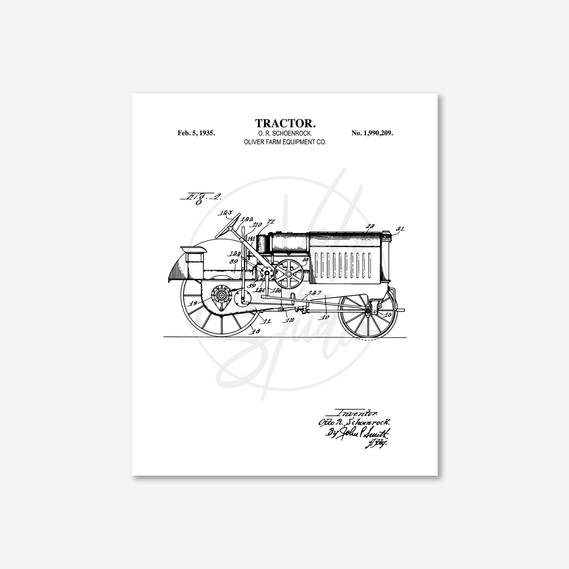 Vintage tractor patent illustration on a white background