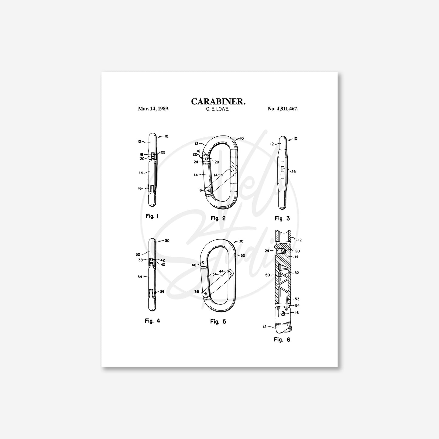 Carabiner patent illustration on a white background
