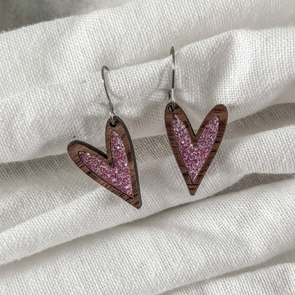 Pink Glitter Heart Dangle Earrings