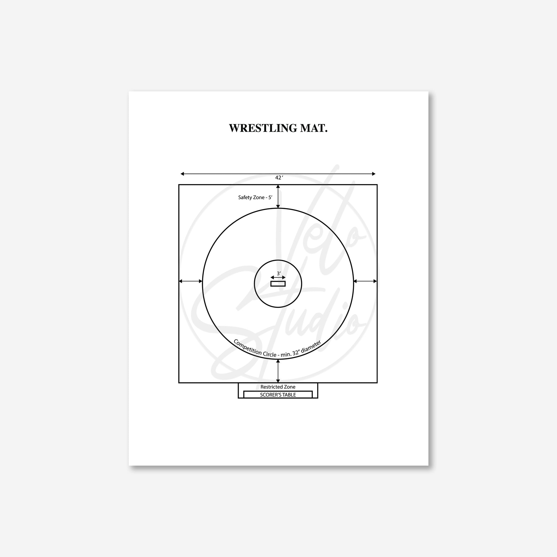Diagram of a wrestling mat with measurements on a white background