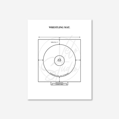 Diagram of a wrestling mat with measurements on a white background