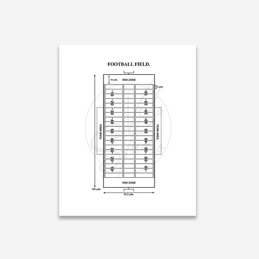 Diagram of a football field with measurements on a white background