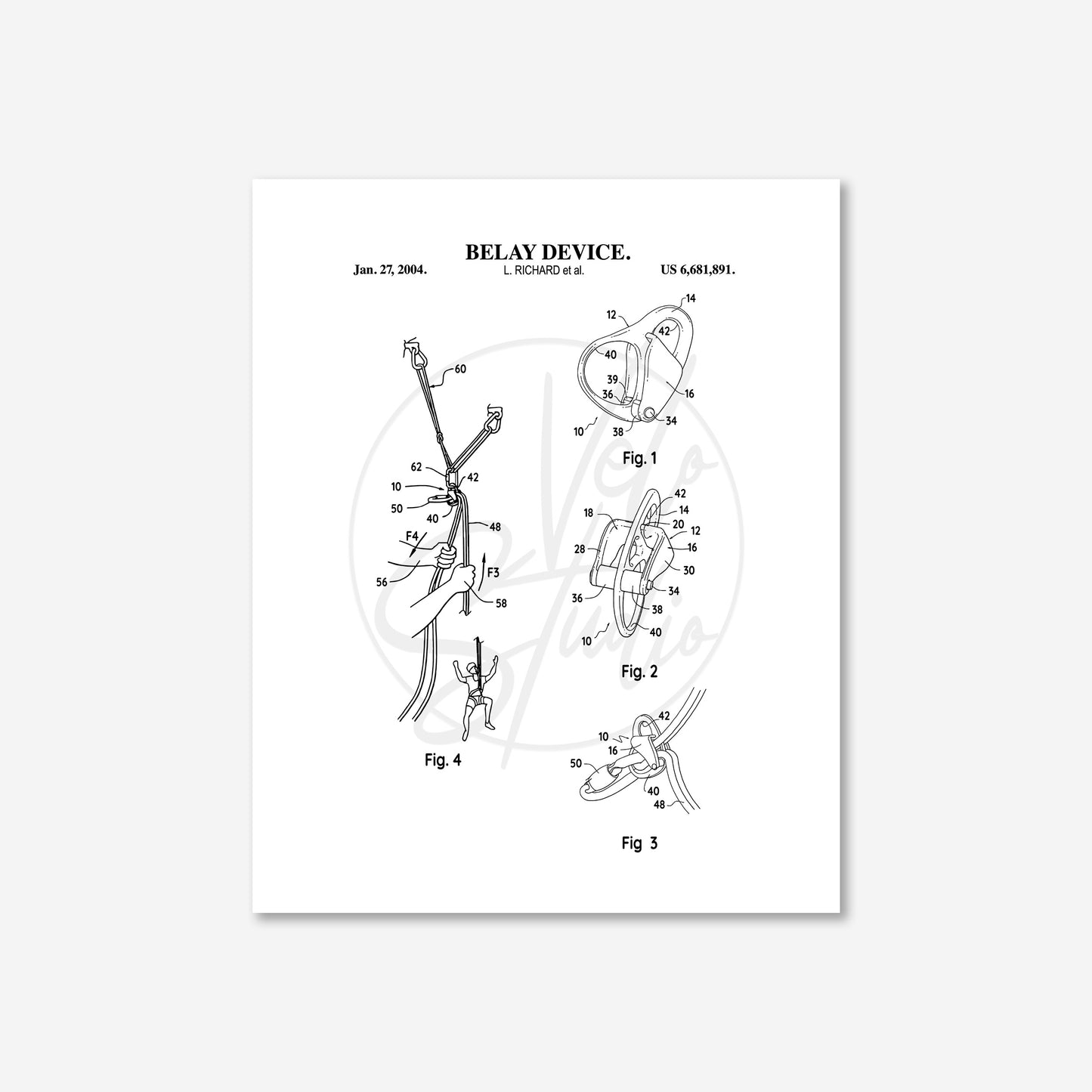 Belay Device Patent Wall Art - Ready to Frame Print