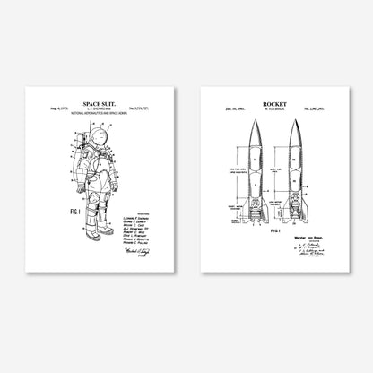 Space Patent Print Set - Rocket & Space Suit Wall Art - Ready to Frame Prints