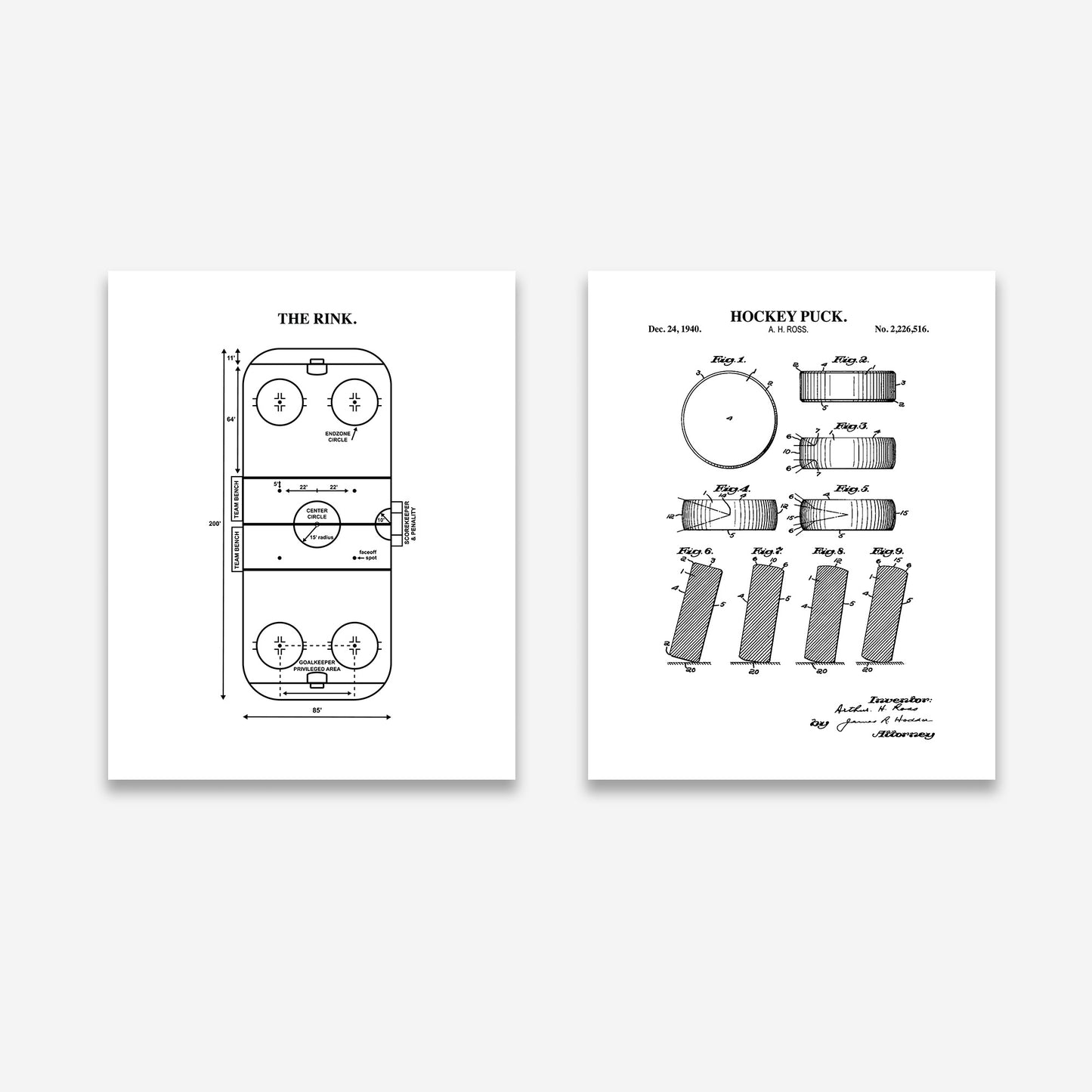 Hockey Wall Art Set - Puck Patent & Rink Diagram - Ready to Frame Prints