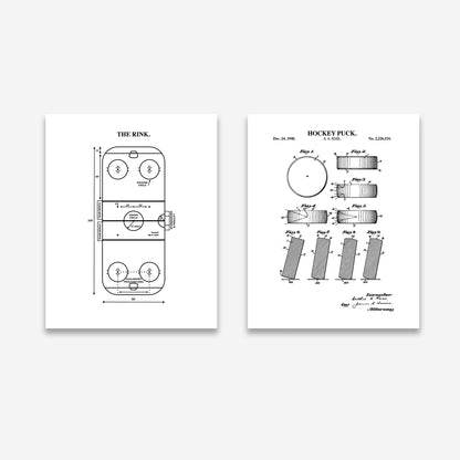 Hockey Wall Art Set - Puck Patent & Rink Diagram - Ready to Frame Prints