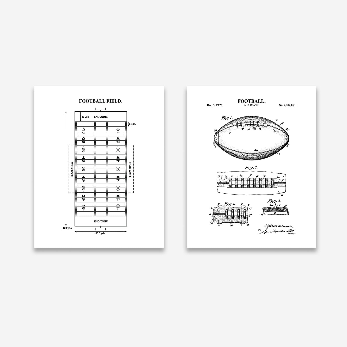 Football Wall Art Set - Football Patent & Field Diagram - Ready to Frame Prints