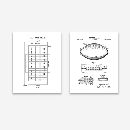 Football Wall Art Set - Football Patent & Field Diagram - Ready to Frame Prints