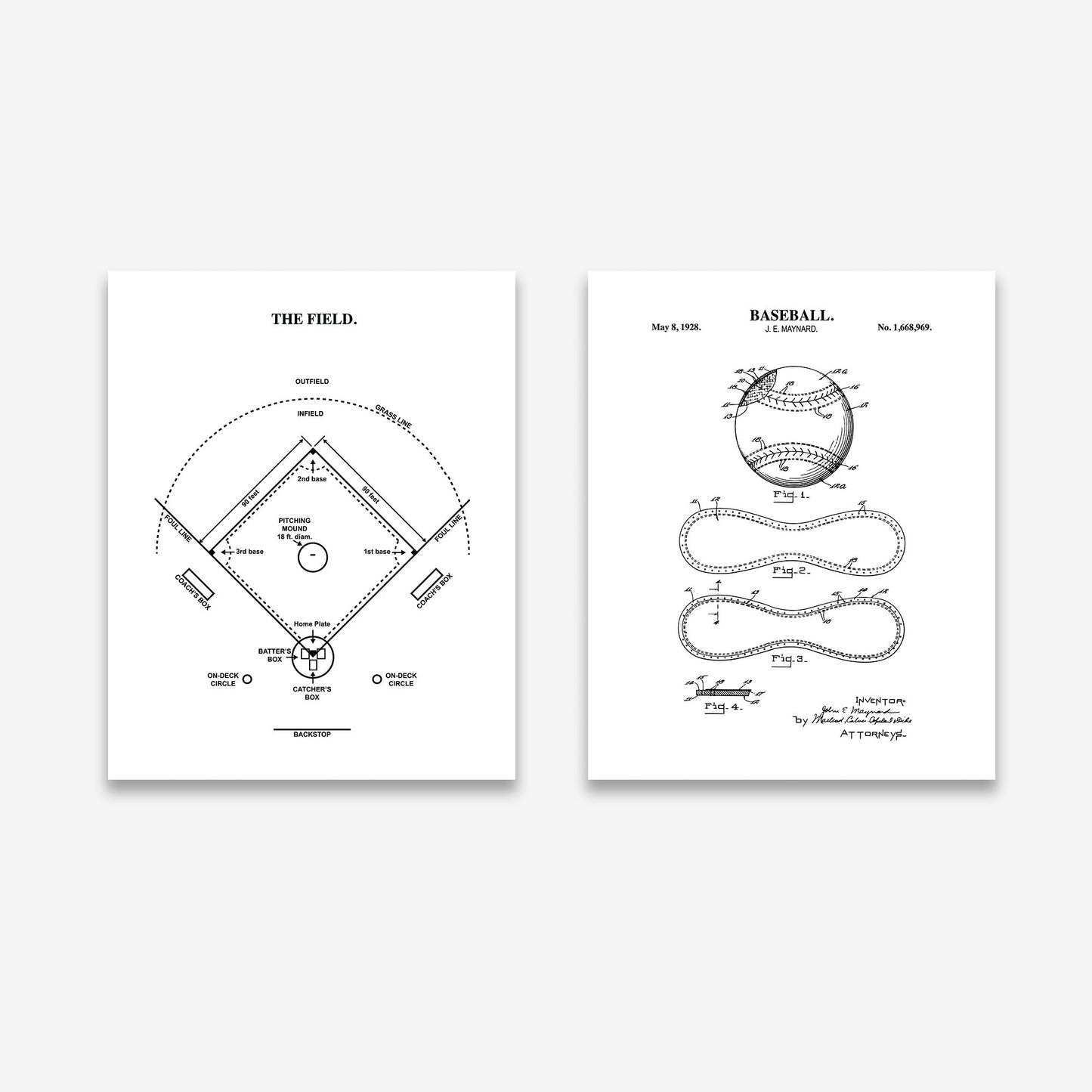 Two black-and-white patent-style art prints on a light gray background. The left print shows a baseball field diagram titled "THE FIELD.