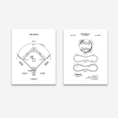 Two black-and-white patent-style art prints on a light gray background. The left print shows a baseball field diagram titled "THE FIELD.