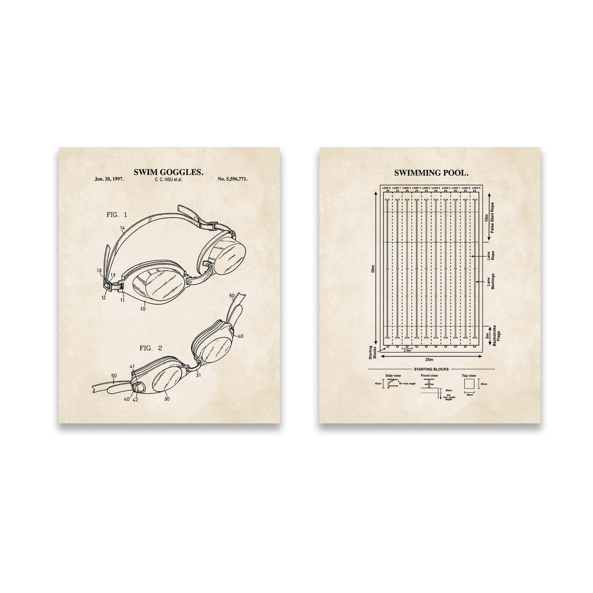 Swimming Wall Art Set - Swim Goggles & Pool- Ready to Frame Prints