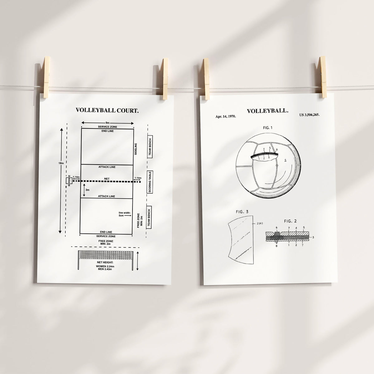 Two vintage-style volleyball court and equipment patent prints clipped to a string against a light wall with soft shadows.