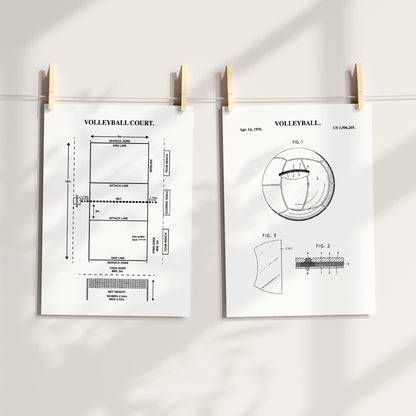 Two vintage-style volleyball court and equipment patent prints clipped to a string against a light wall with soft shadows.