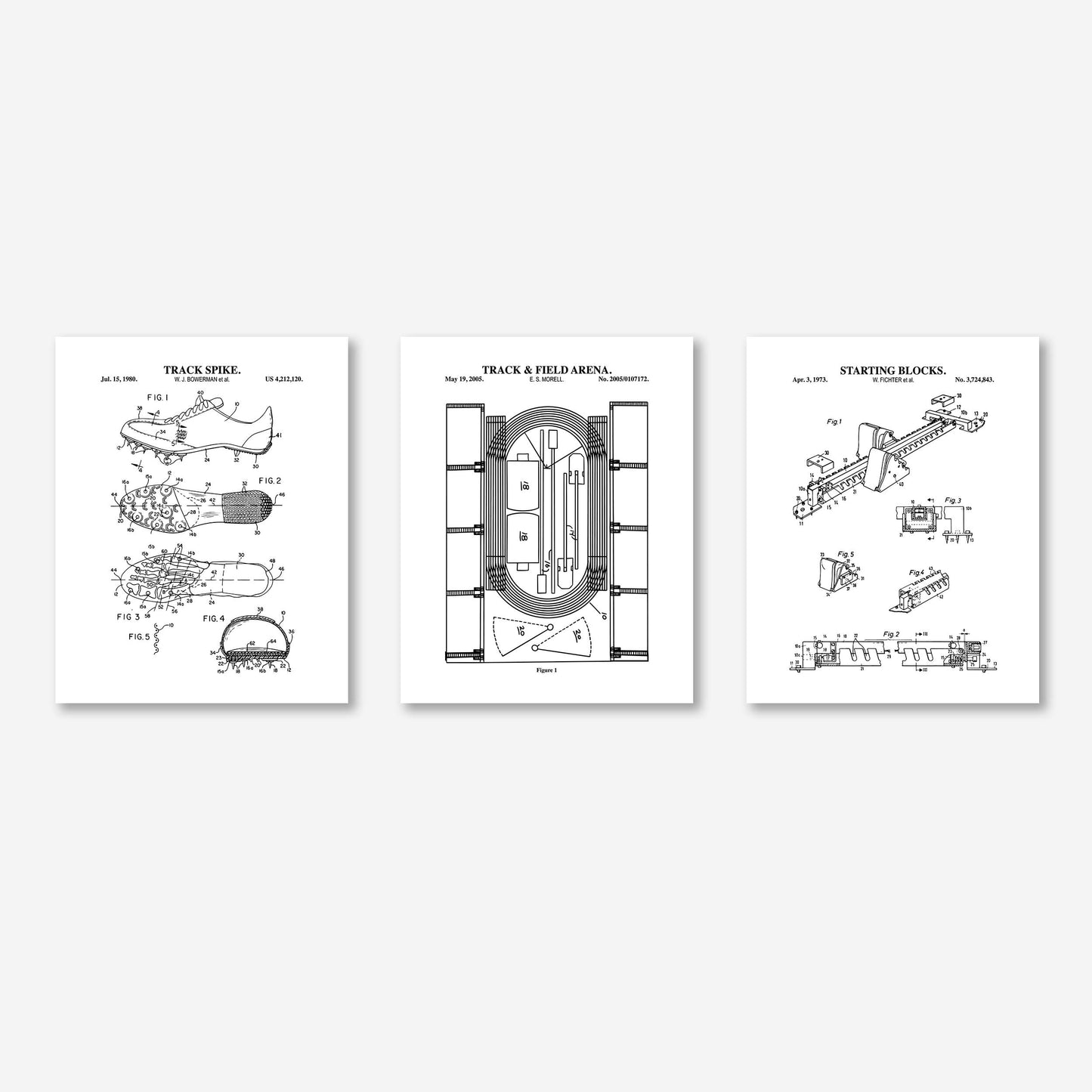 Set of three framed black and white track and field patent prints on a white background