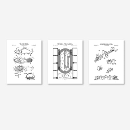 Set of three framed black and white track and field patent prints on a white background