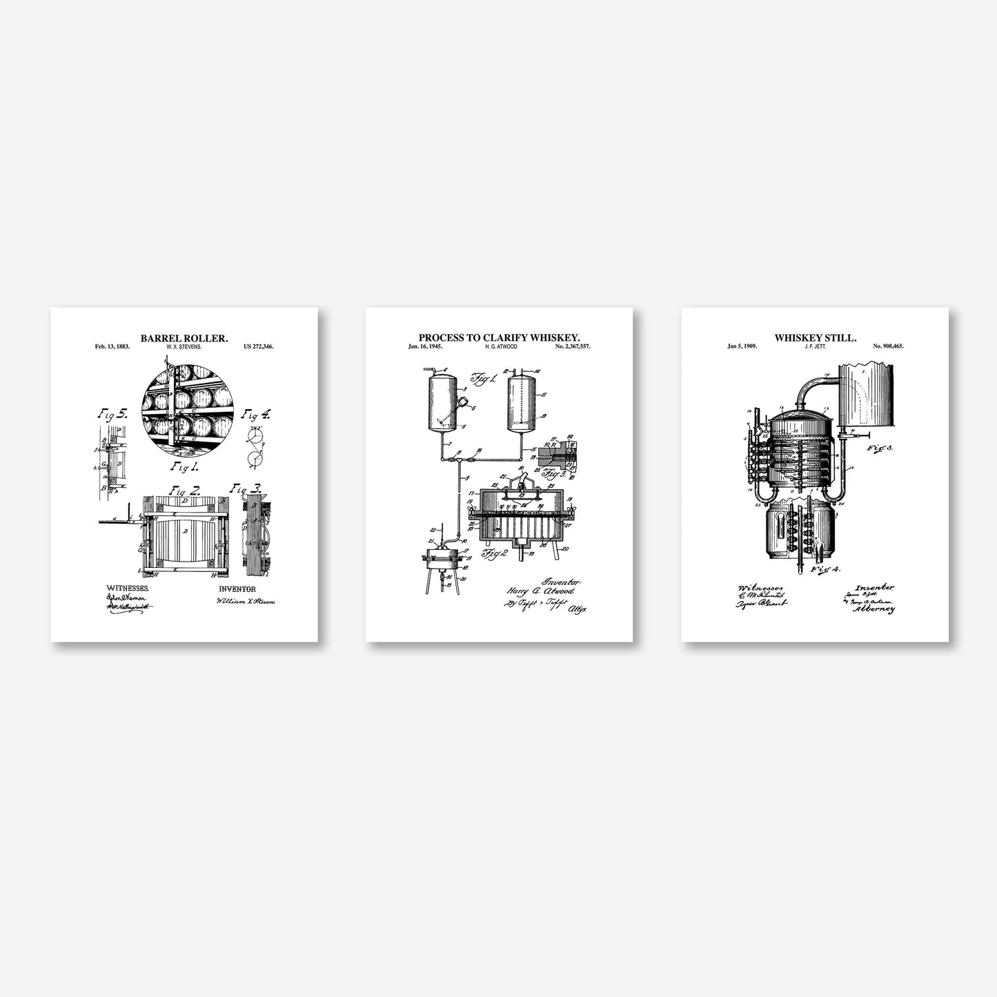 Three framed black and white whiskey making patent prints on a white background