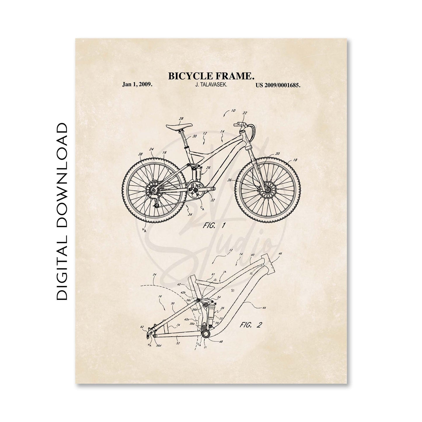 Mountain Bike Wall Art Set - Bike Frame, Helmet and Cycling Shoe Patent Prints - DIGITAL DOWNLOAD