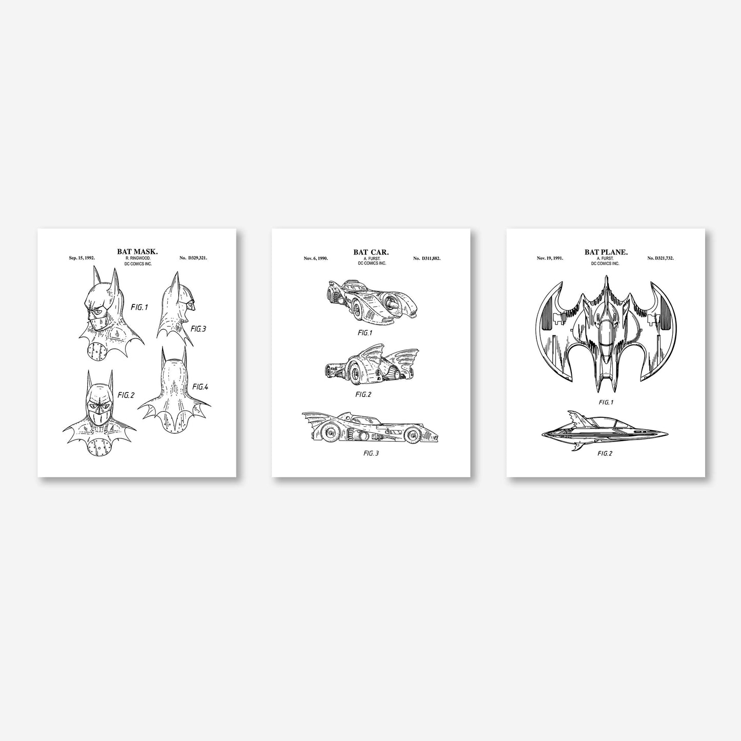 Bat Superhero Patent Print Wall Art - Set of 3 Physical Prints