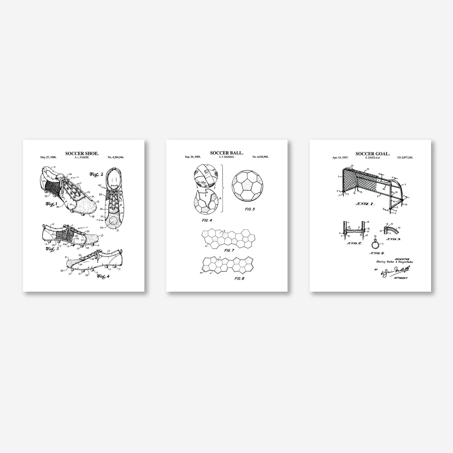 Soccer Patent Wall Art Set - Goal, Shoe, Ball - Ready to Frame Prints