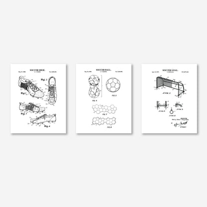 Soccer Patent Wall Art Set - Goal, Shoe, Ball - Ready to Frame Prints