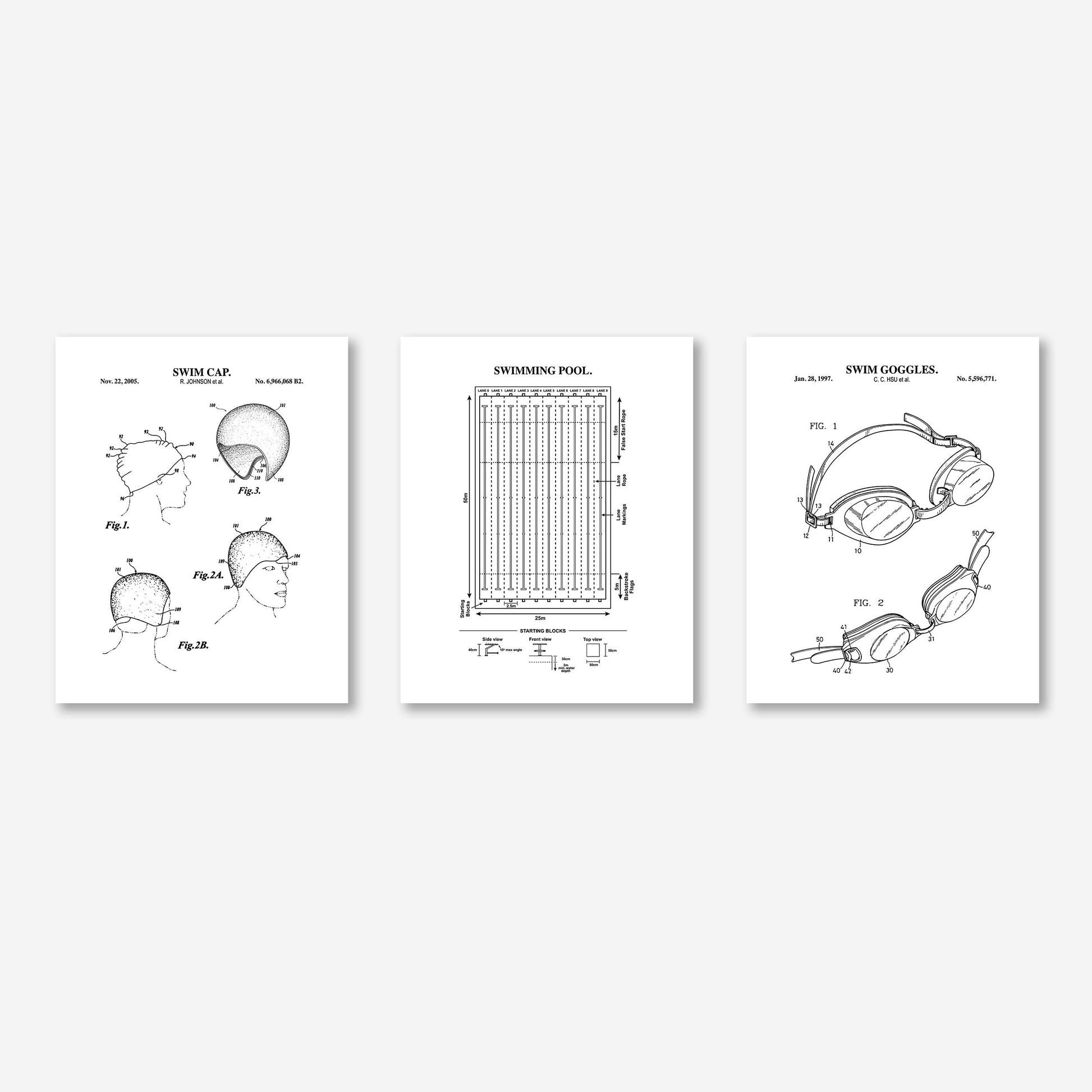 Set of three patent-style illustrations of swim equipment on a white background