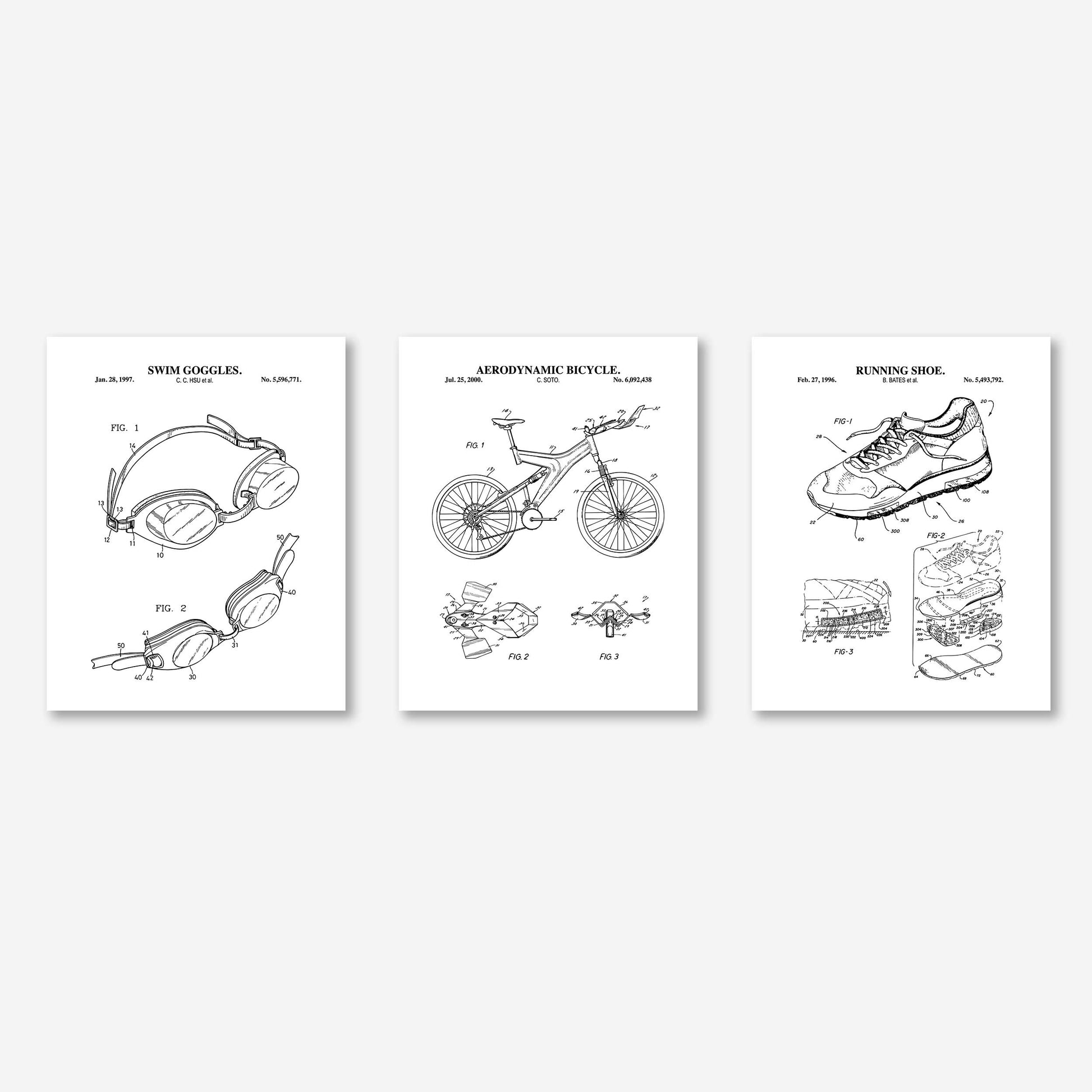 Three patent-style illustrations of swim goggles, a bicycle, and a running shoe on a white background.