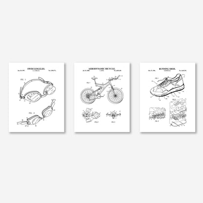 Three patent-style illustrations of swim goggles, a bicycle, and a running shoe on a white background.